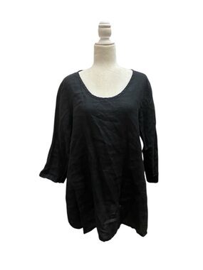 Flax Womens Black Scoop Neck Linen Tunic Small 3/4 Sleeve Lagenlook